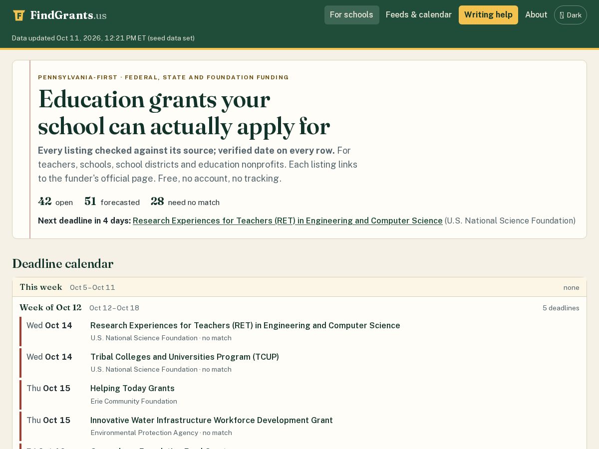 Landing-page snapshot of findgrants.online
