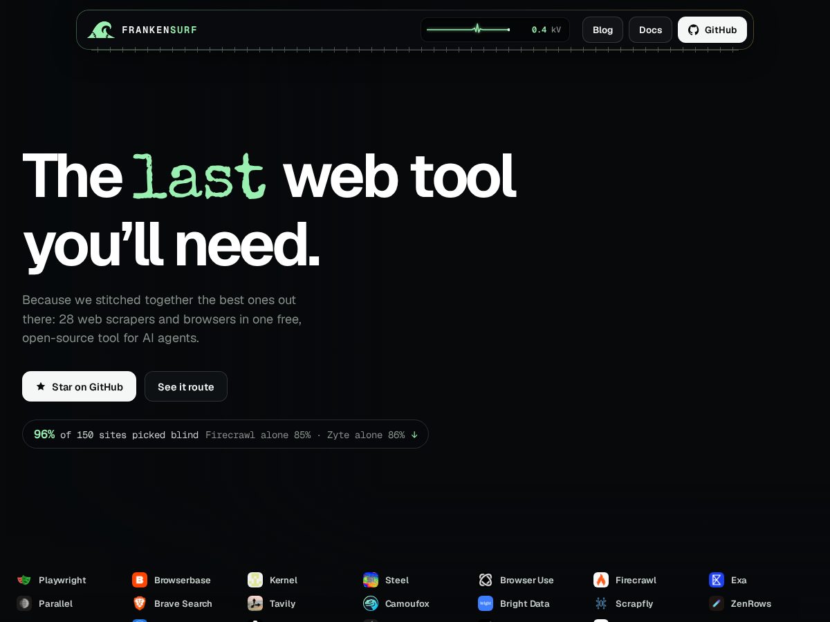 Landing-page snapshot of frankensurf.dev
