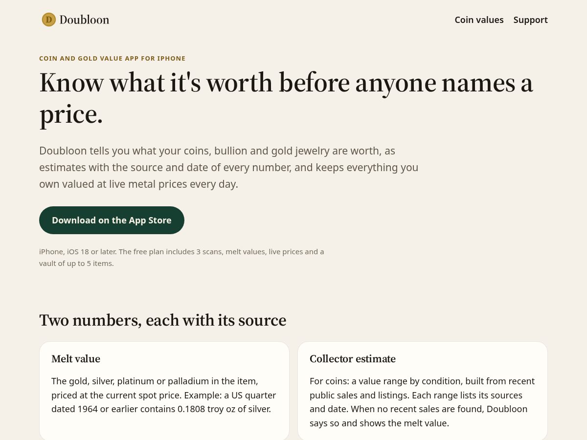 Landing-page snapshot of getdoubloon.app