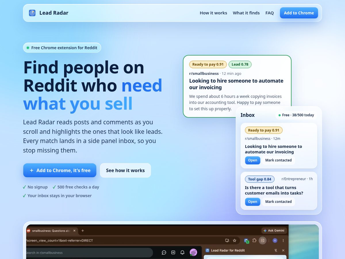 Landing-page snapshot of getleadradar.app