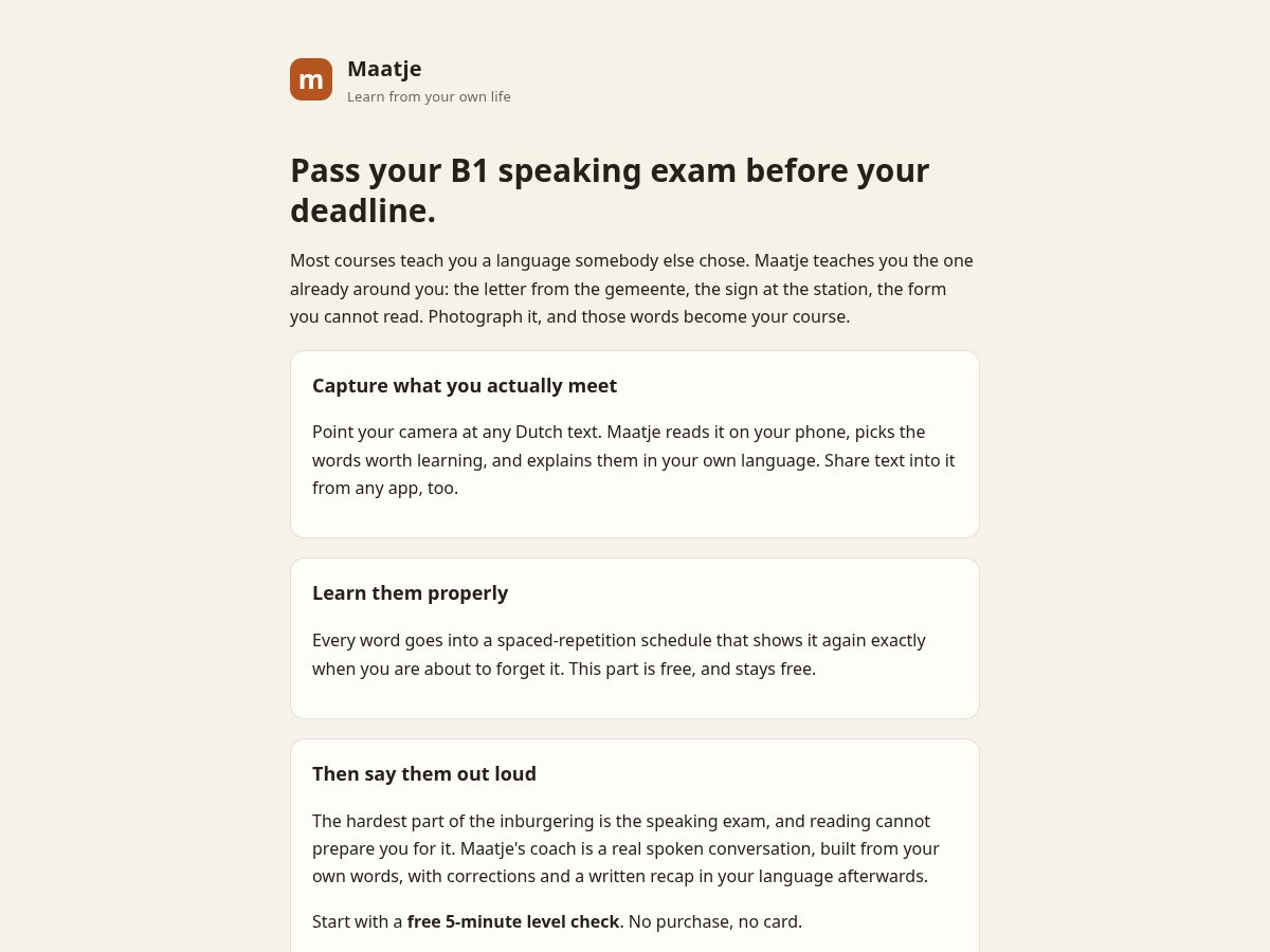 Landing-page snapshot of getmaatje.app