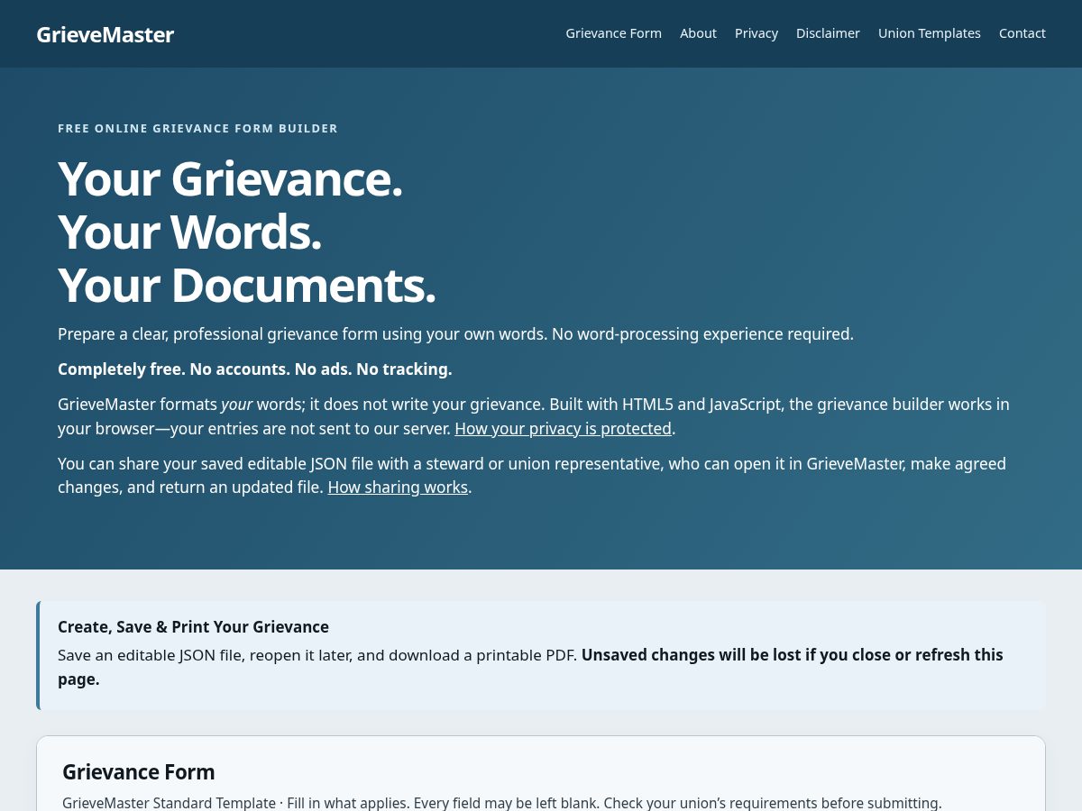Landing-page snapshot of grievemaster.org