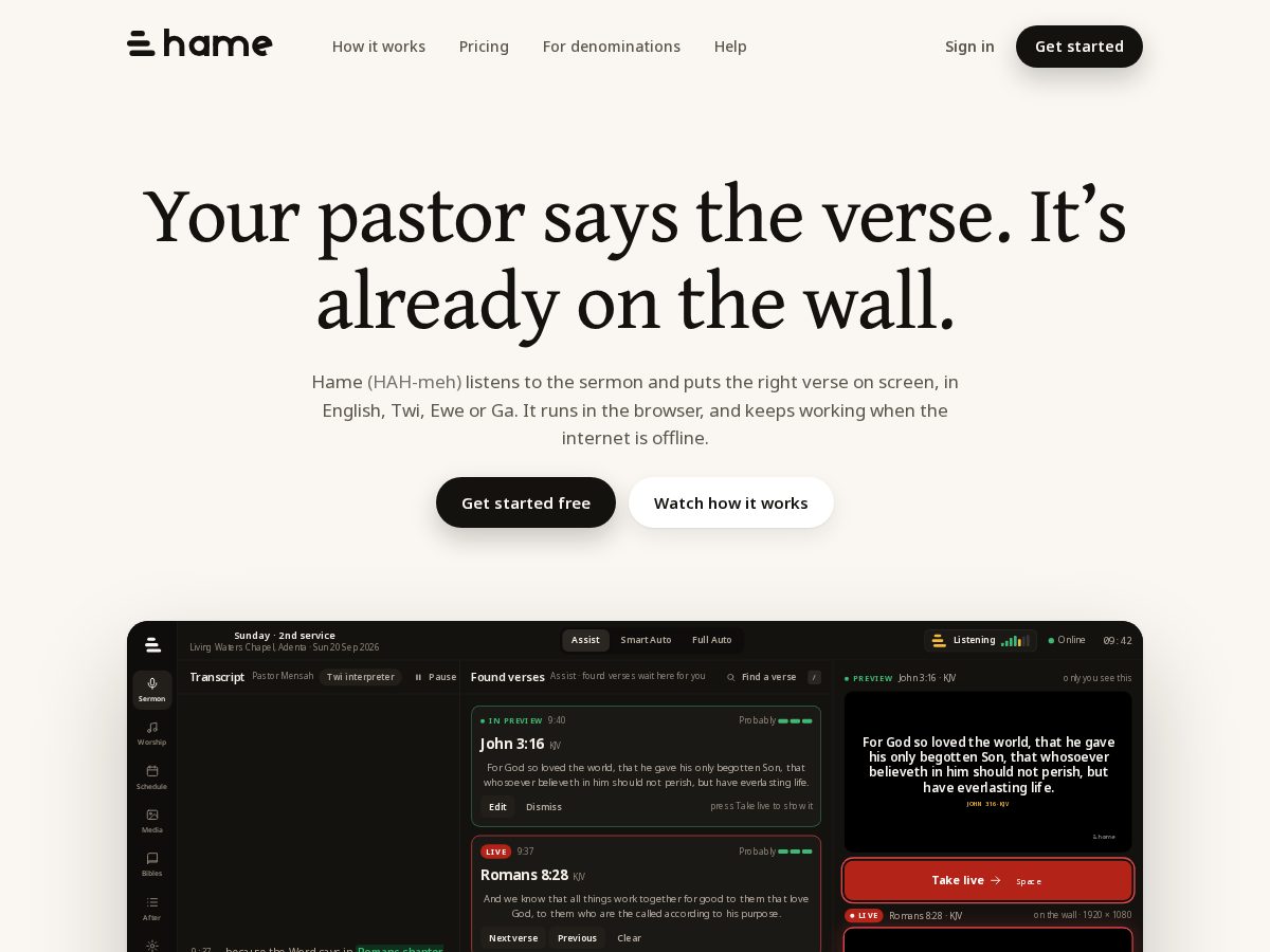 Landing-page snapshot of hame.church