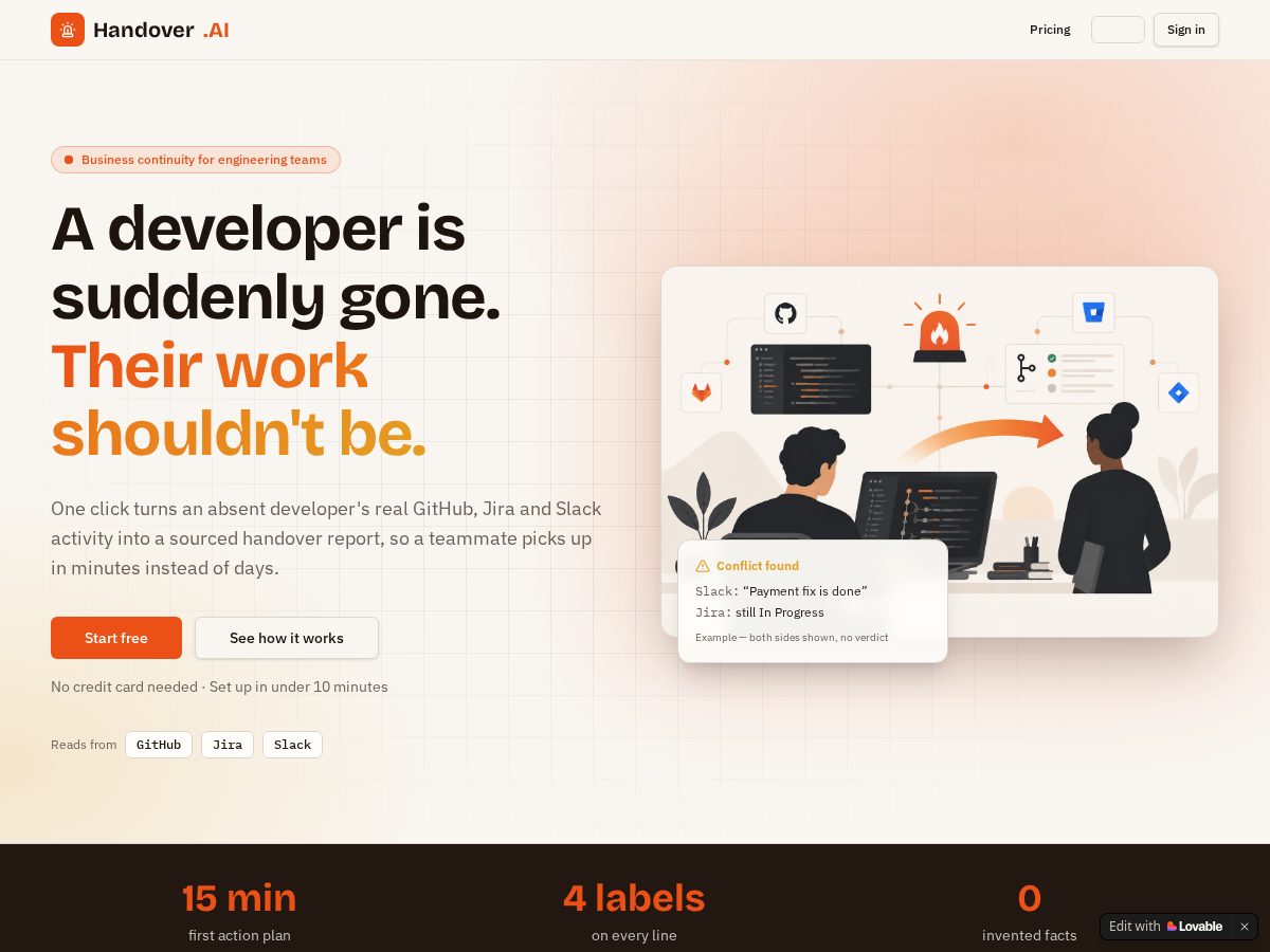 Landing-page snapshot of handoverai.dev