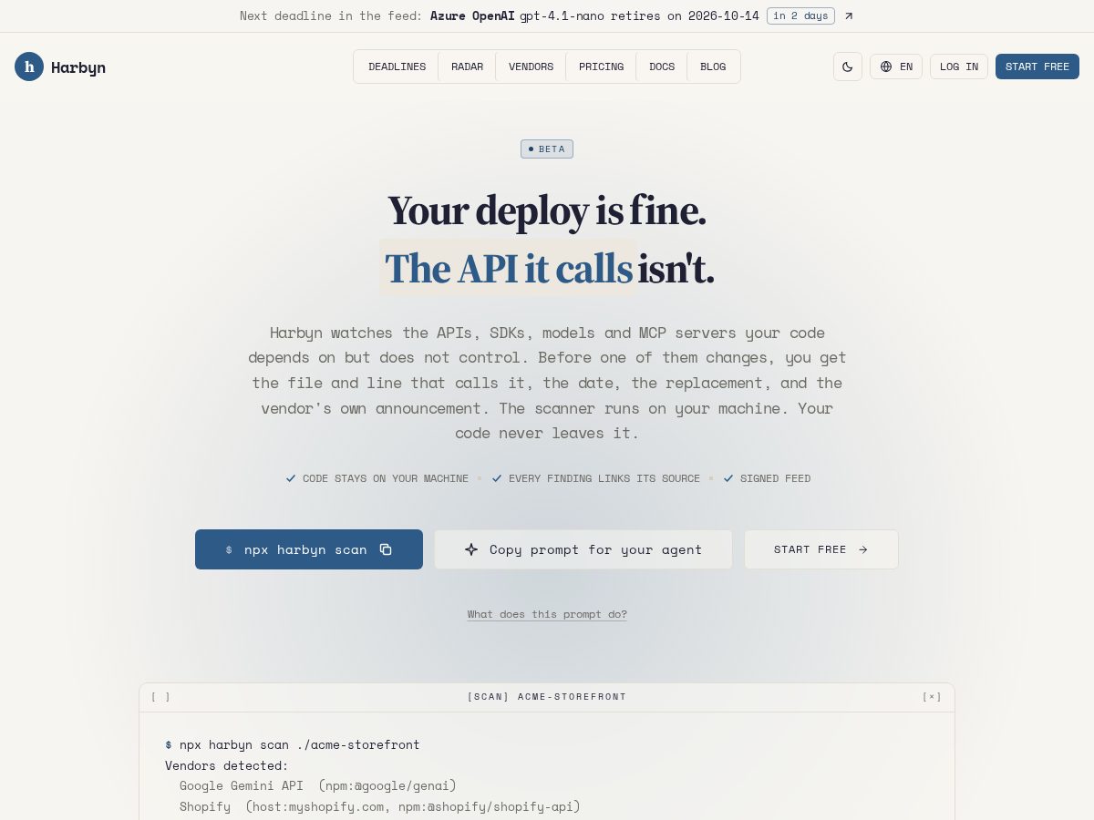 Landing-page snapshot of harbyn.dev