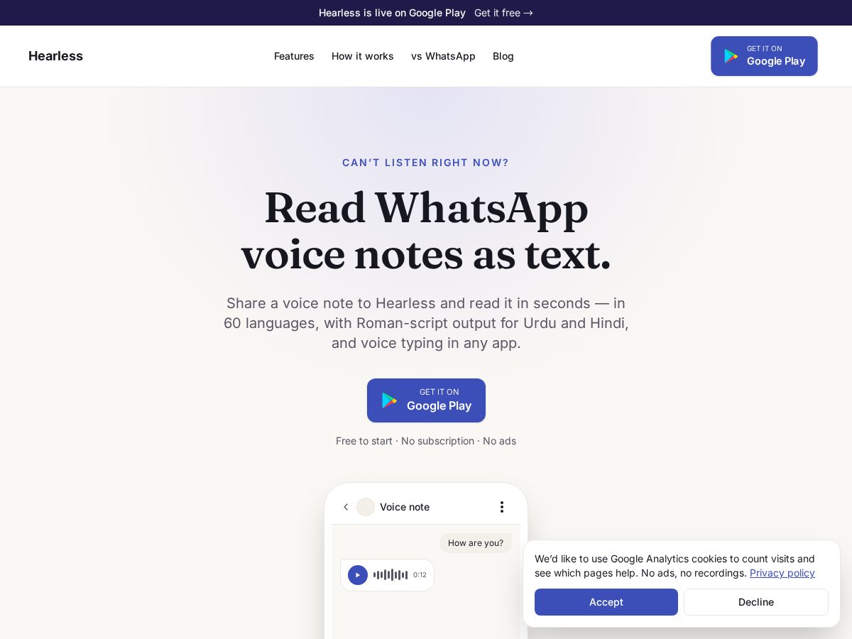 Landing-page snapshot of hearless.app