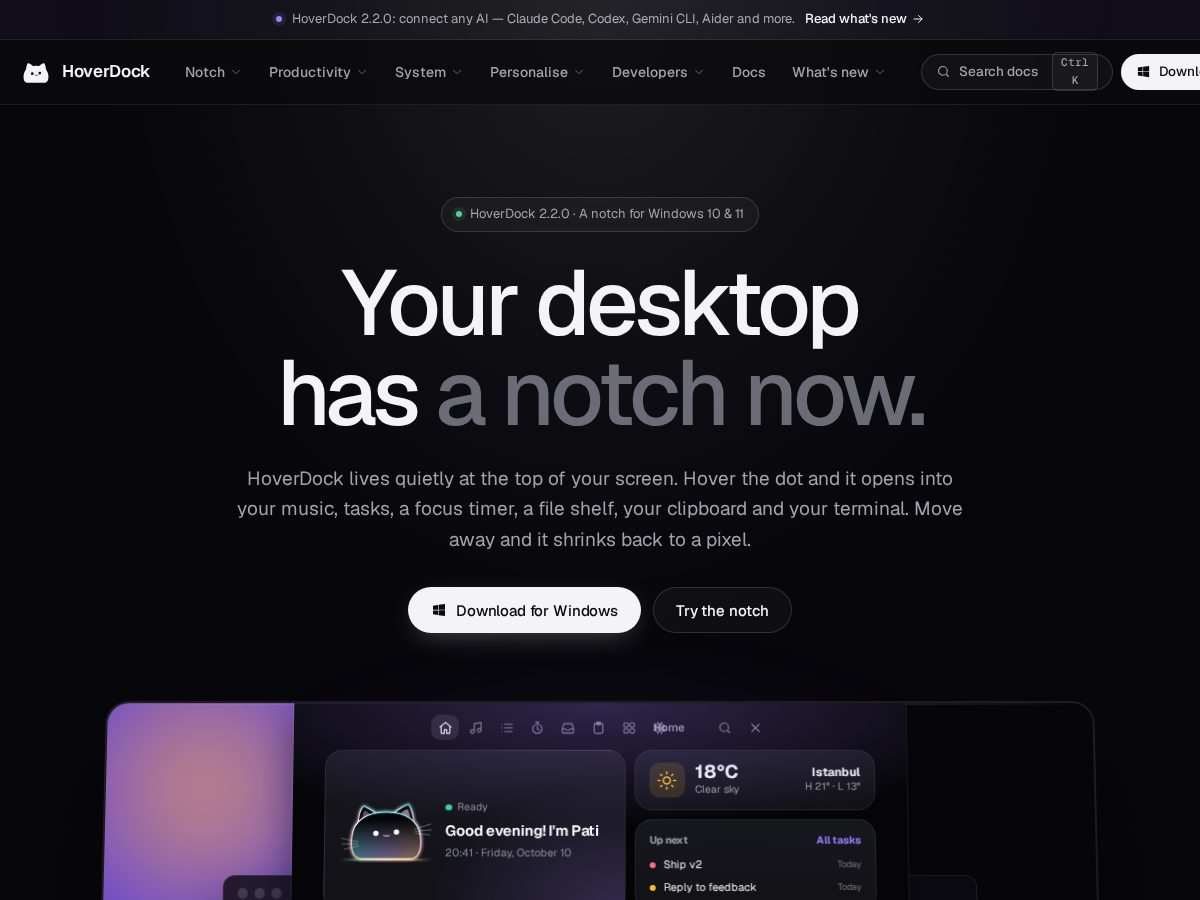 Landing-page snapshot of hoverdock.wtf