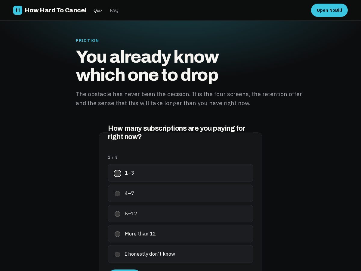 Landing-page snapshot of howhardtocancel.click