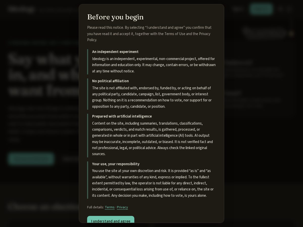 Landing-page snapshot of ideology-match.org