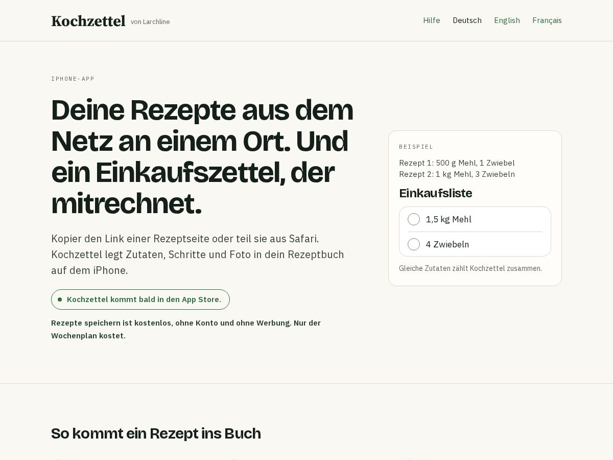 Landing-page snapshot of kochzettel.app
