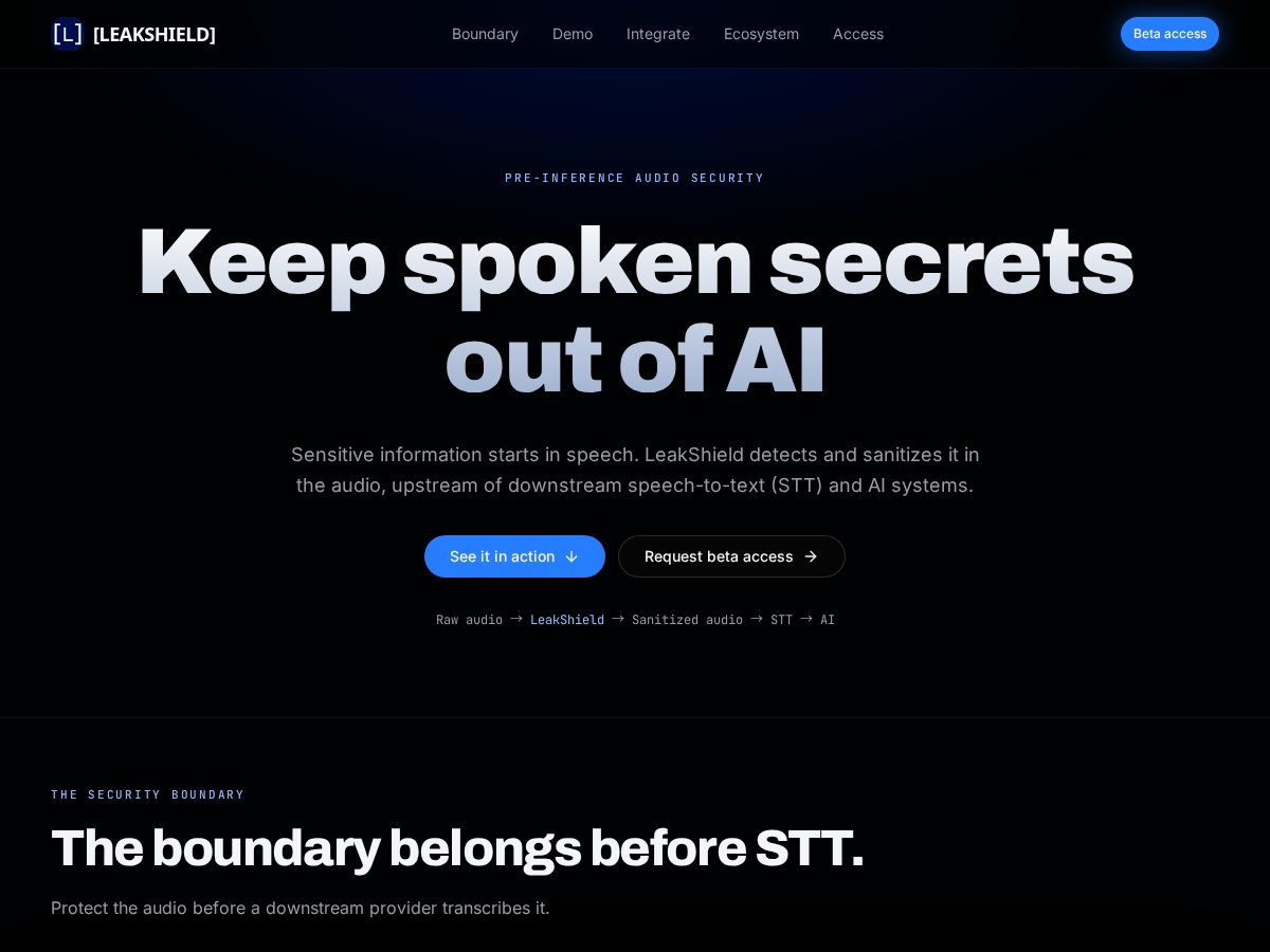 Landing-page snapshot of leakshield.dev