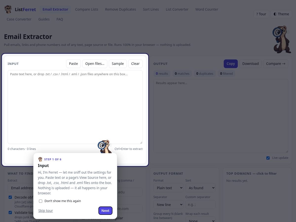 Landing-page snapshot of listferret.app