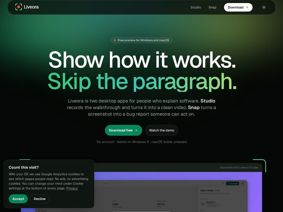 Landing-page snapshot of liveora.app