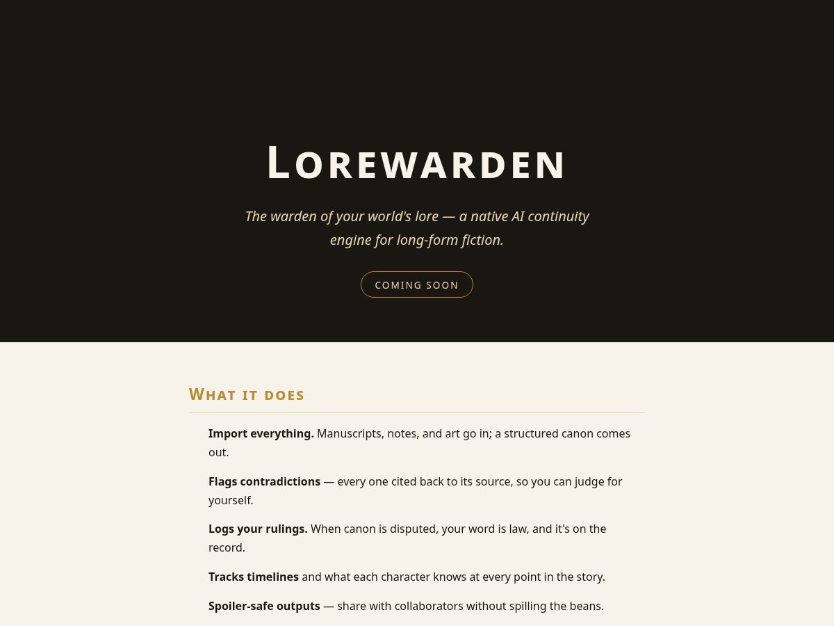 Landing-page snapshot of lorewarden.app