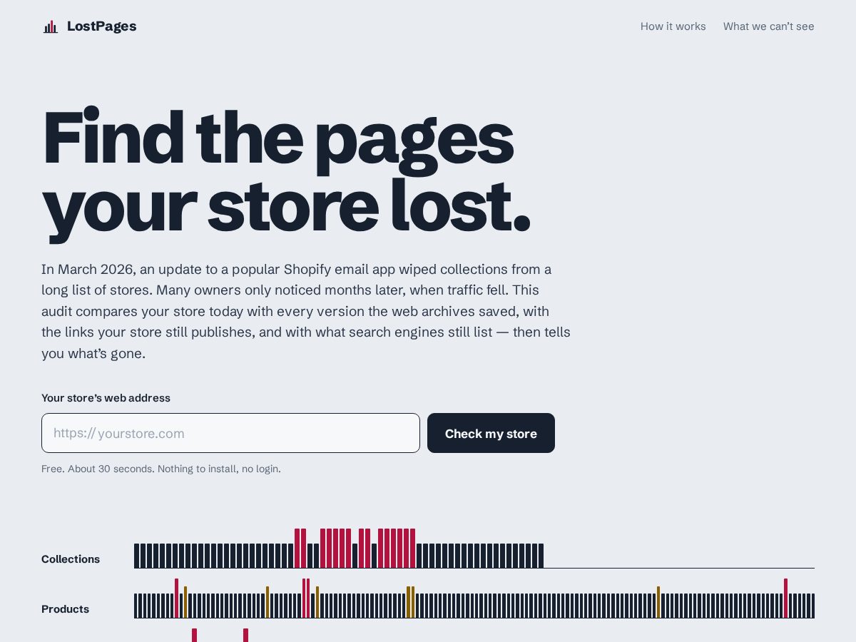 Landing-page snapshot of lostpages.app