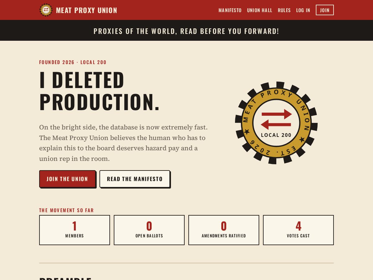 Landing-page snapshot of meatproxyunion.org