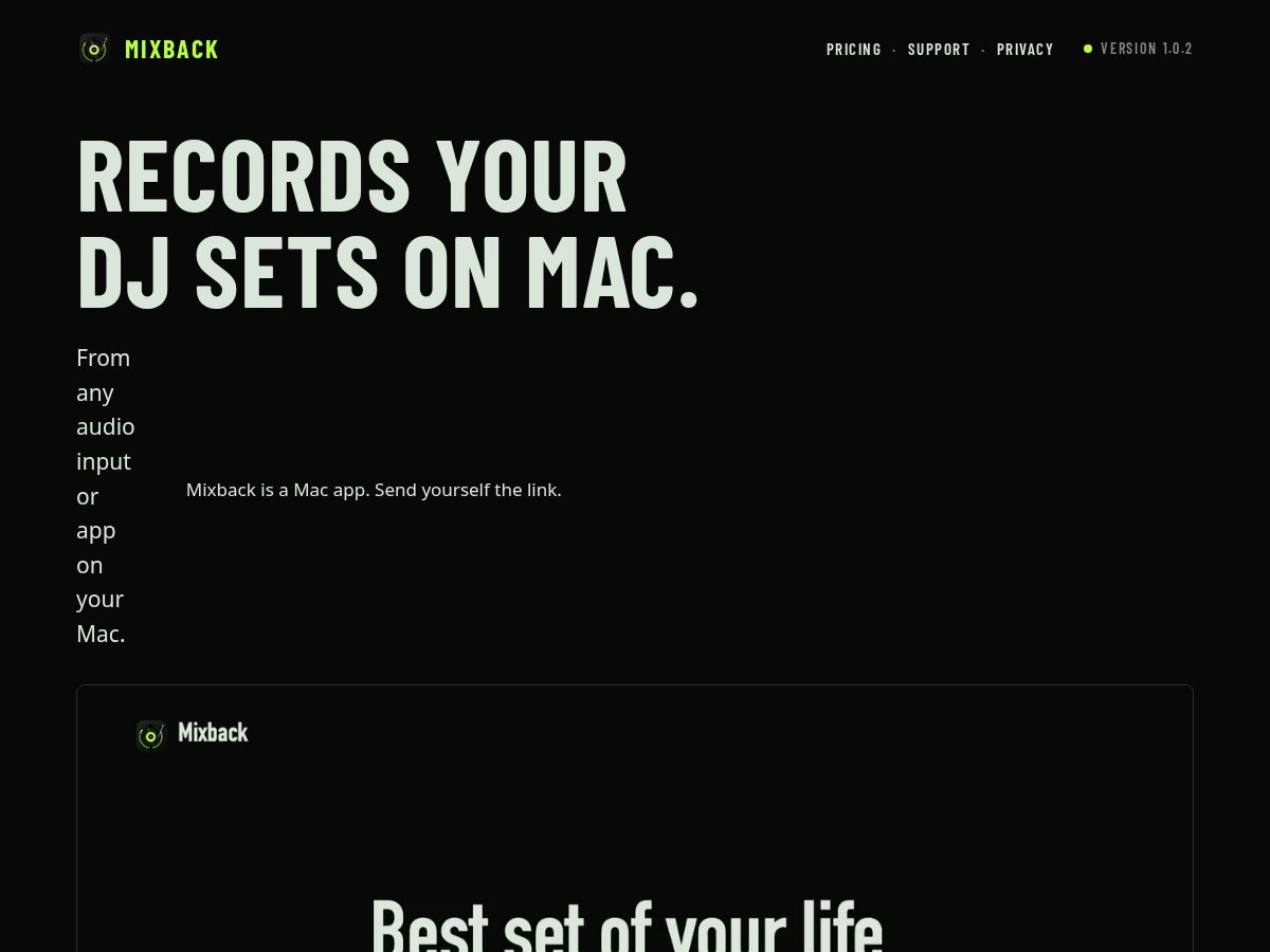 Landing-page snapshot of mixback.app