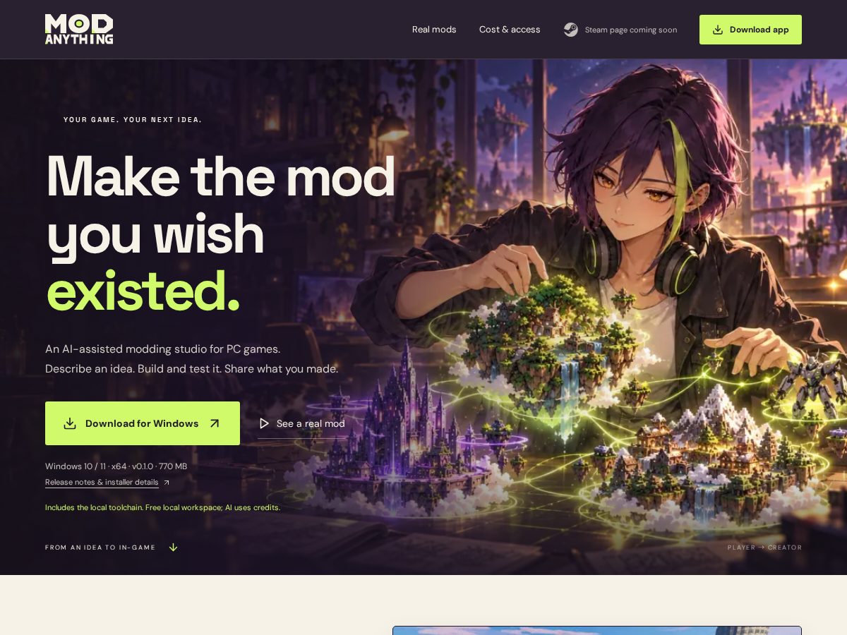 Landing-page snapshot of modanything.app