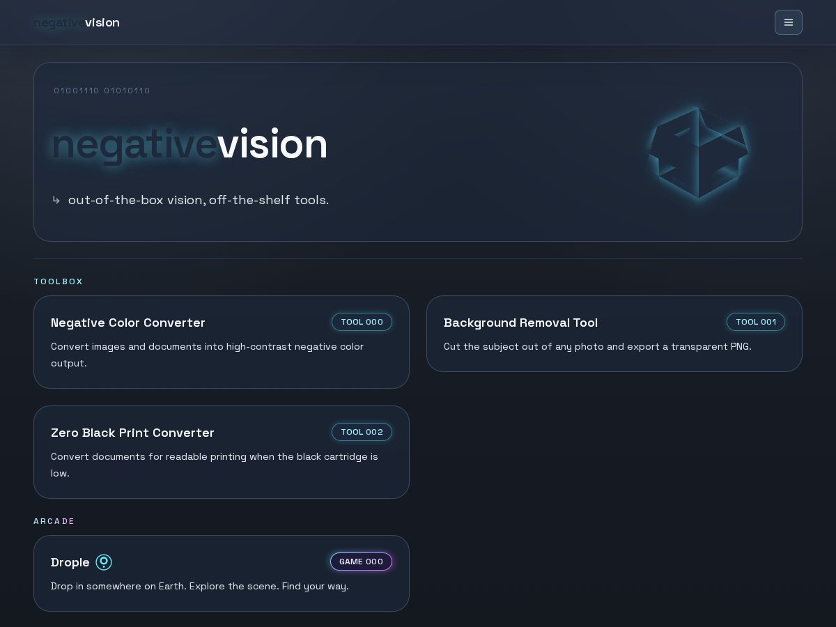 Landing-page snapshot of negativevision.dev