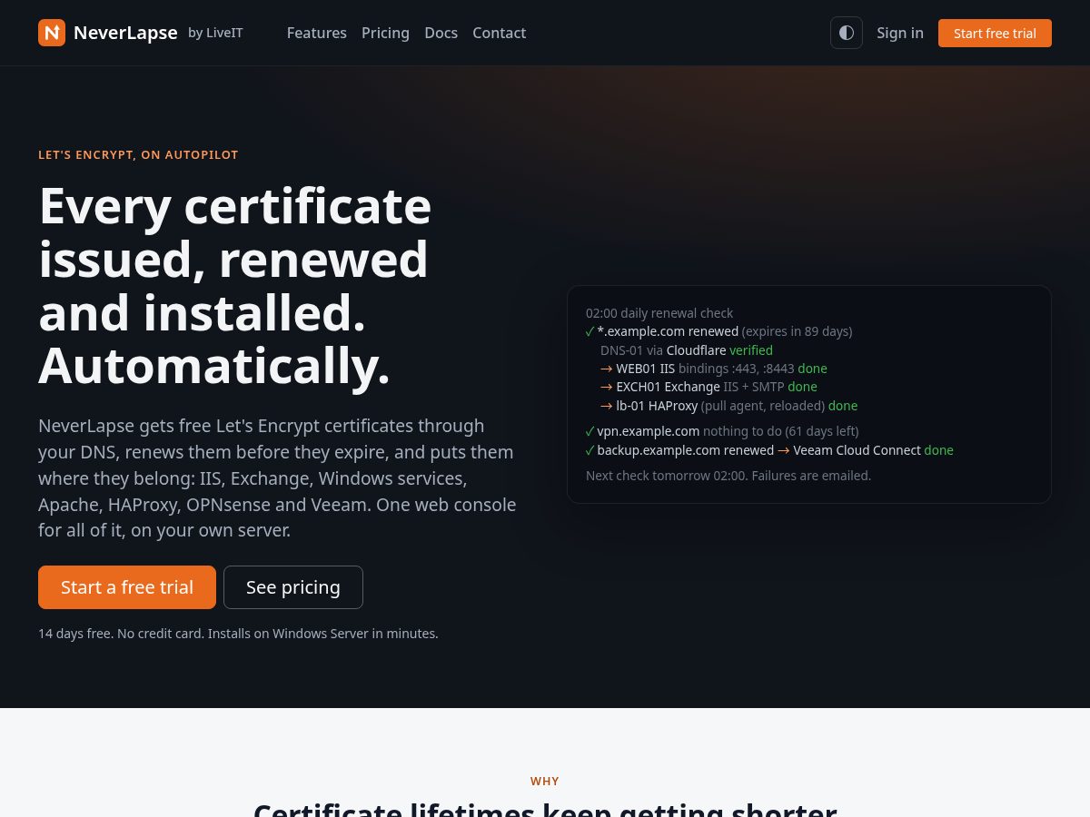 Landing-page snapshot of neverlapse.live