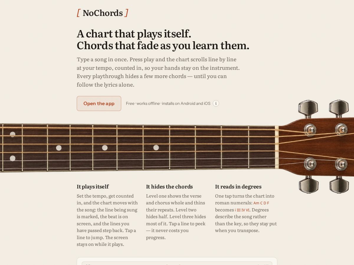 Landing-page snapshot of nochords.app