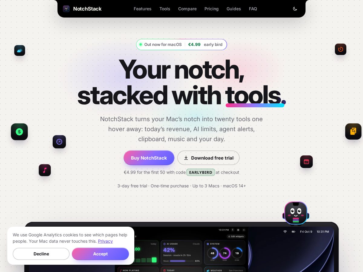 Landing-page snapshot of notchstack.app