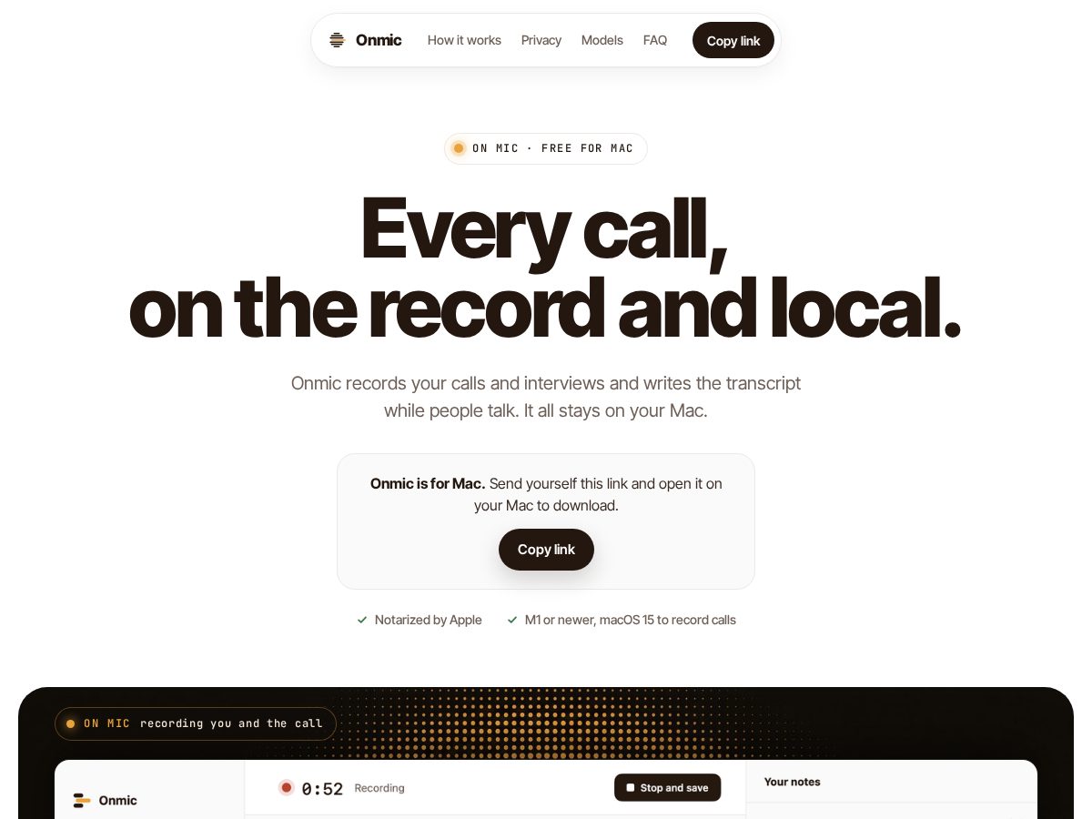 Landing-page snapshot of onmic.app