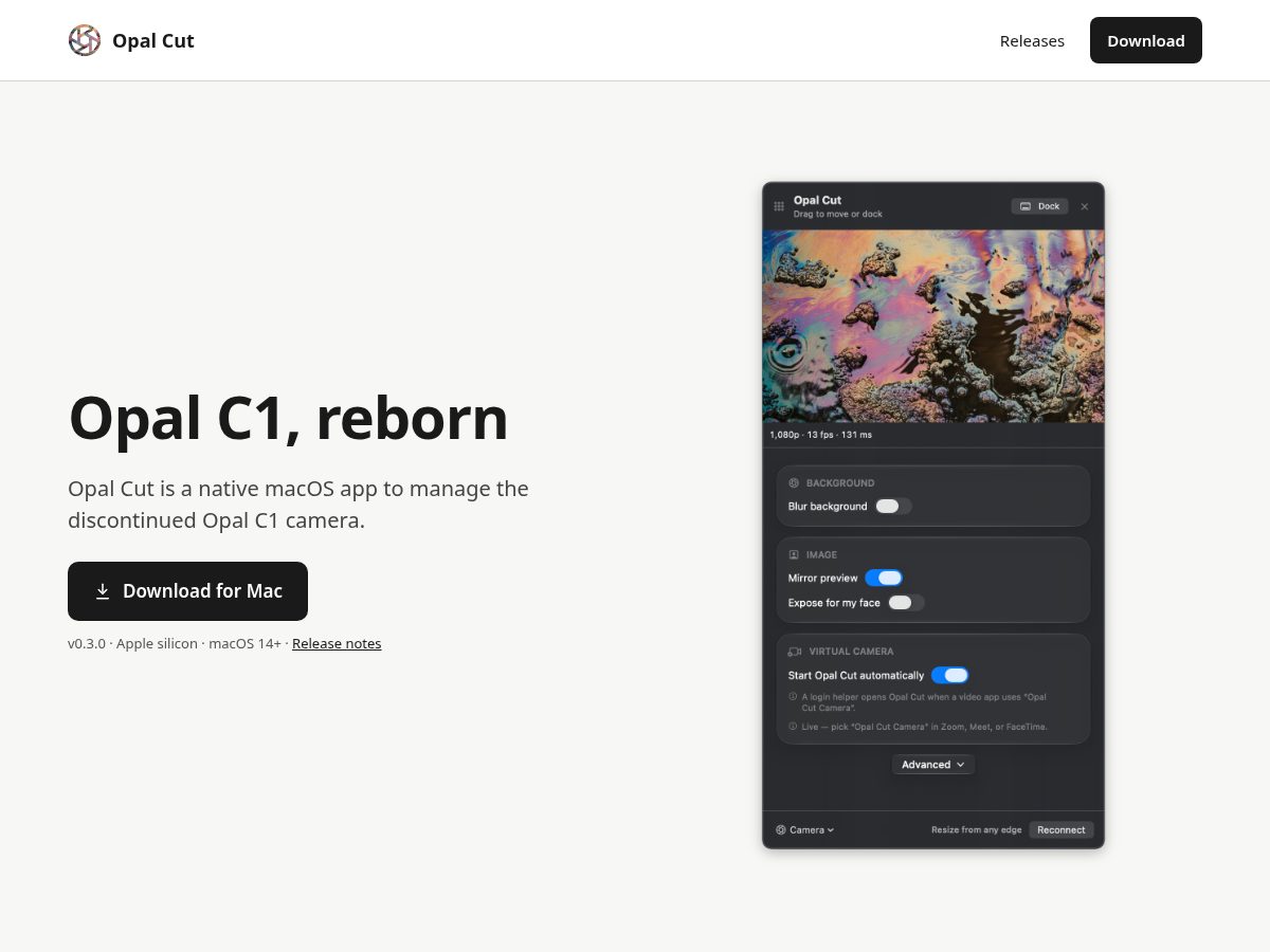 Landing-page snapshot of opalcut.app
