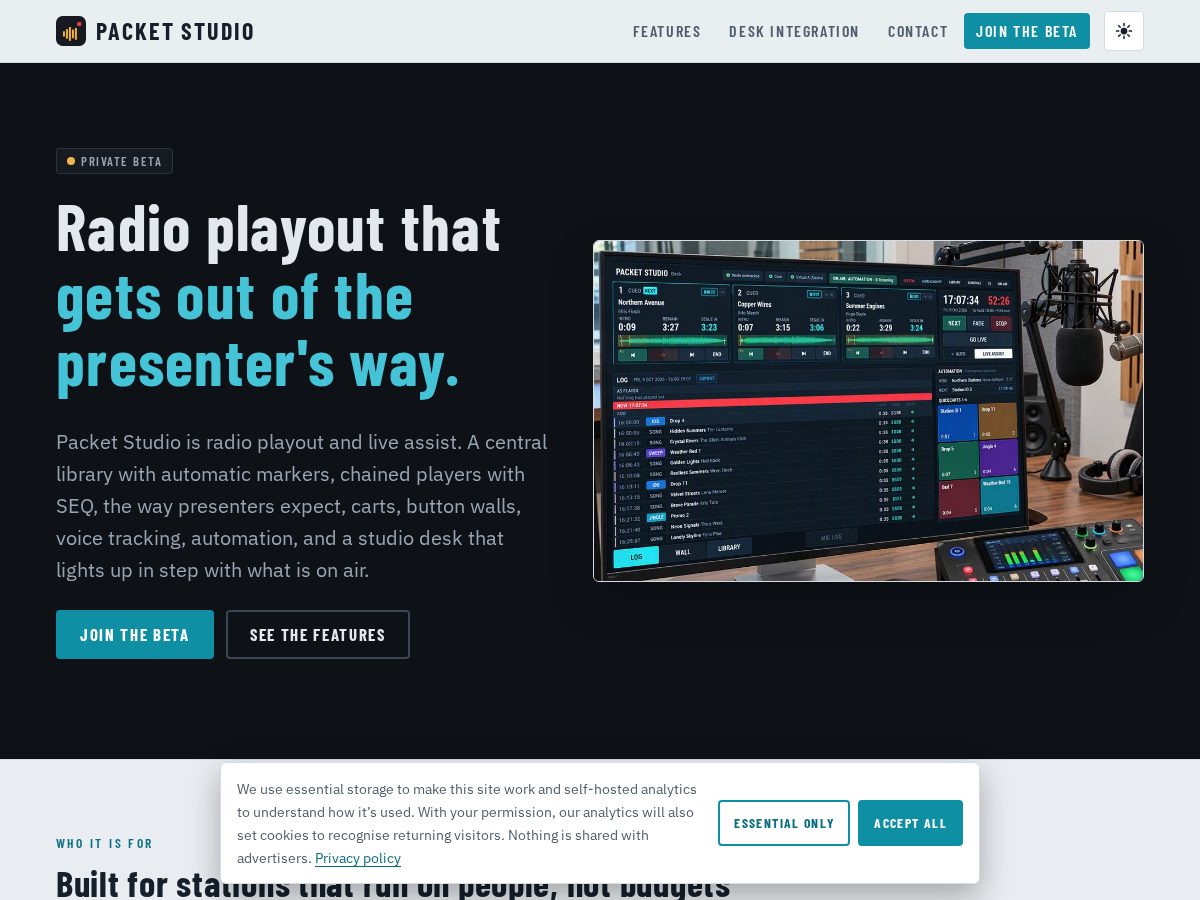 Landing-page snapshot of packetstudio.app