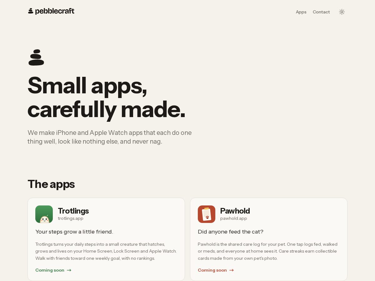 Landing-page snapshot of pebblecraft.app