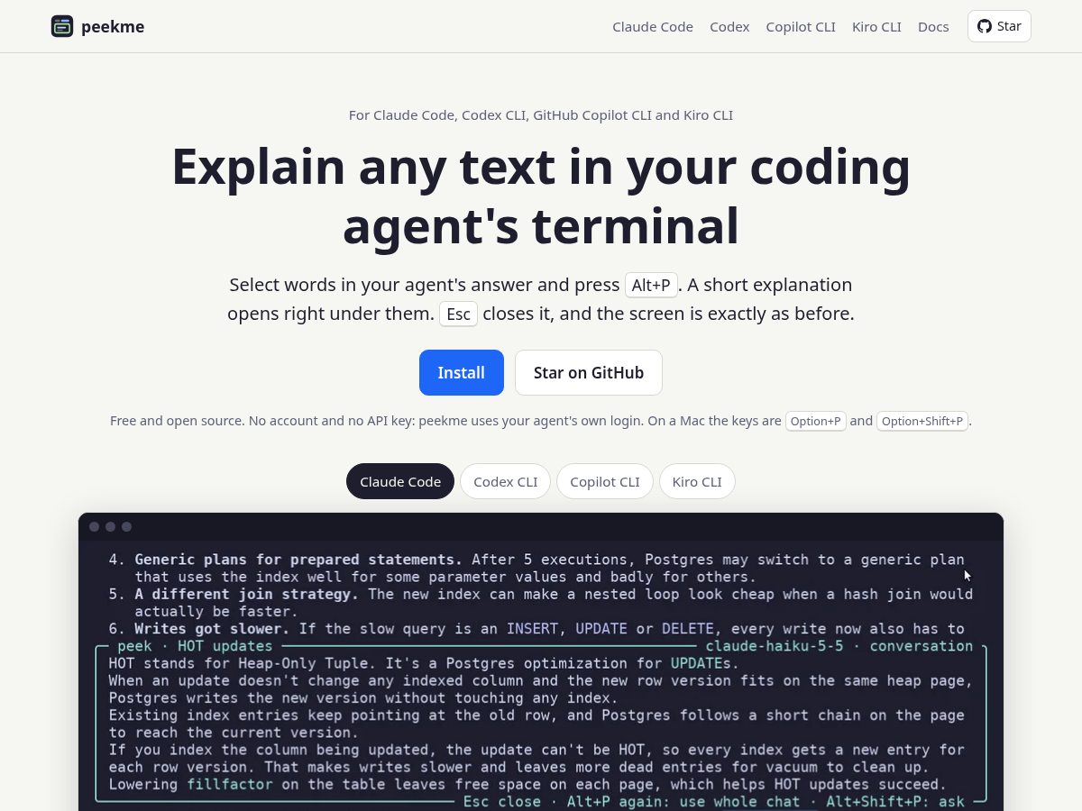 Landing-page snapshot of peekme.dev