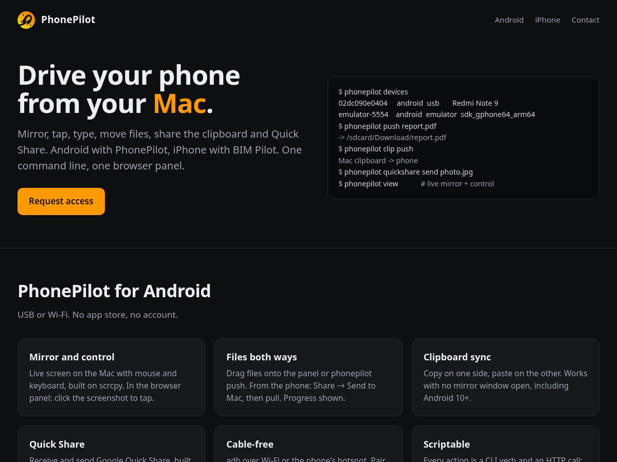 Landing-page snapshot of phonepilot.dev