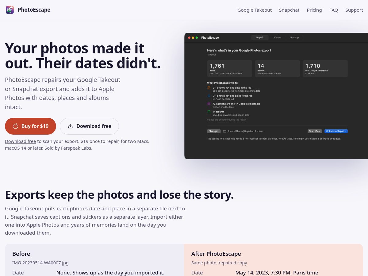 Landing-page snapshot of photoescape.app