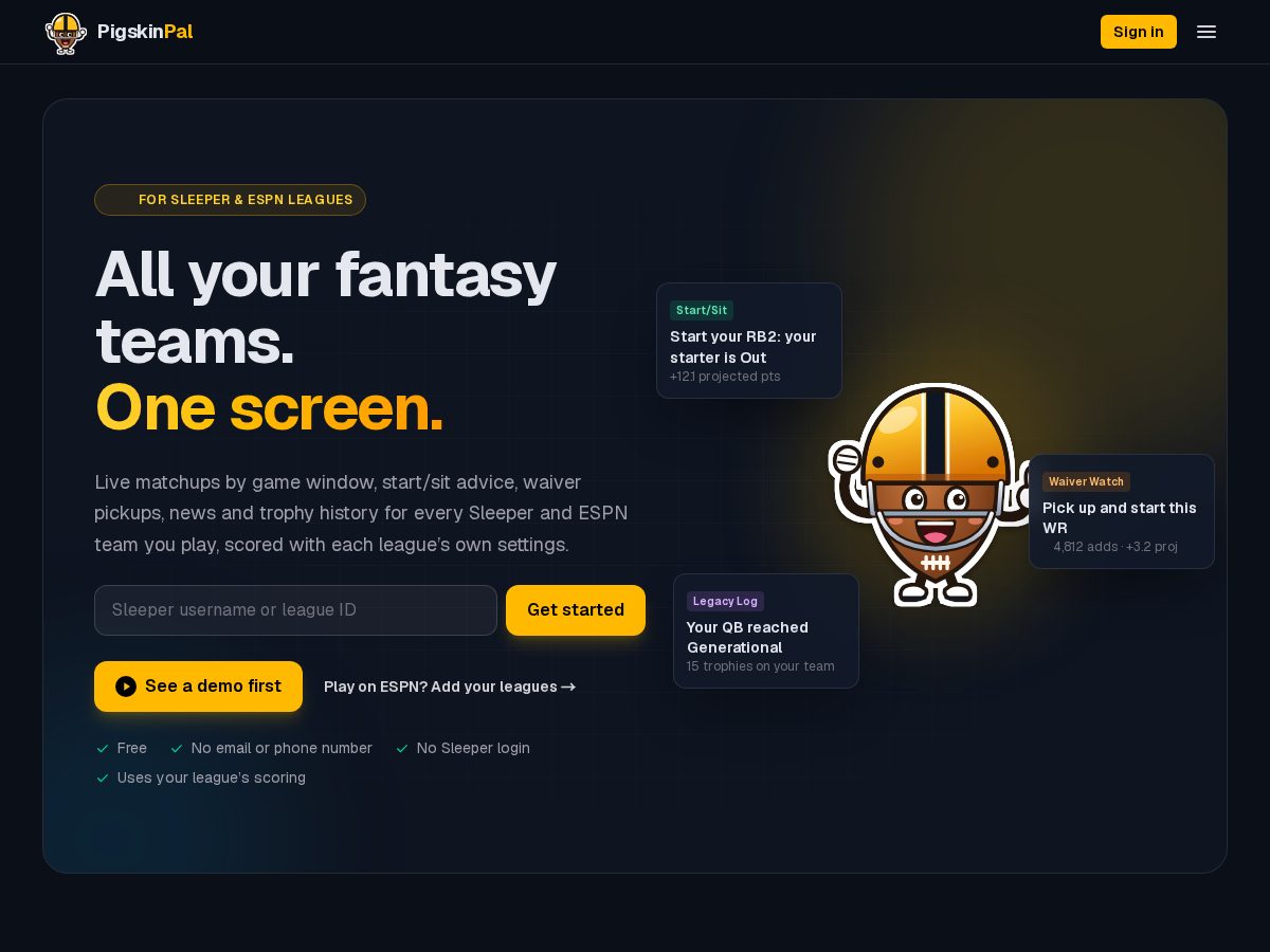 Landing-page snapshot of pigskinpal.app