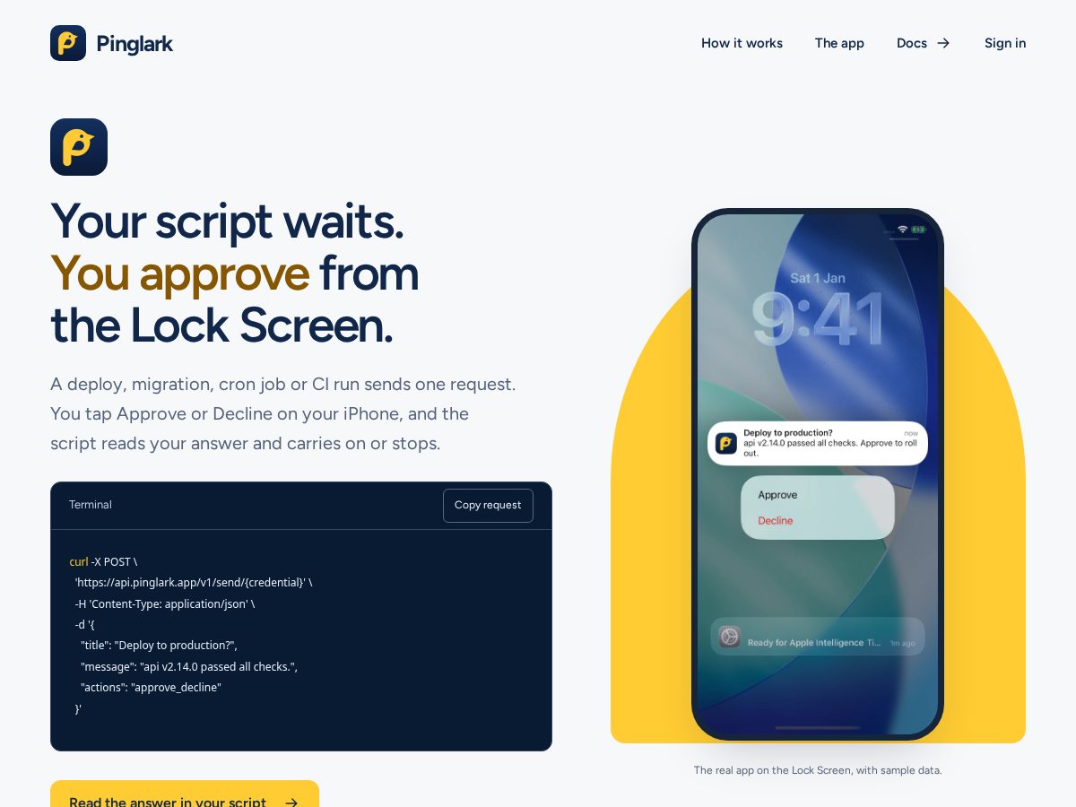 Landing-page snapshot of pinglark.app