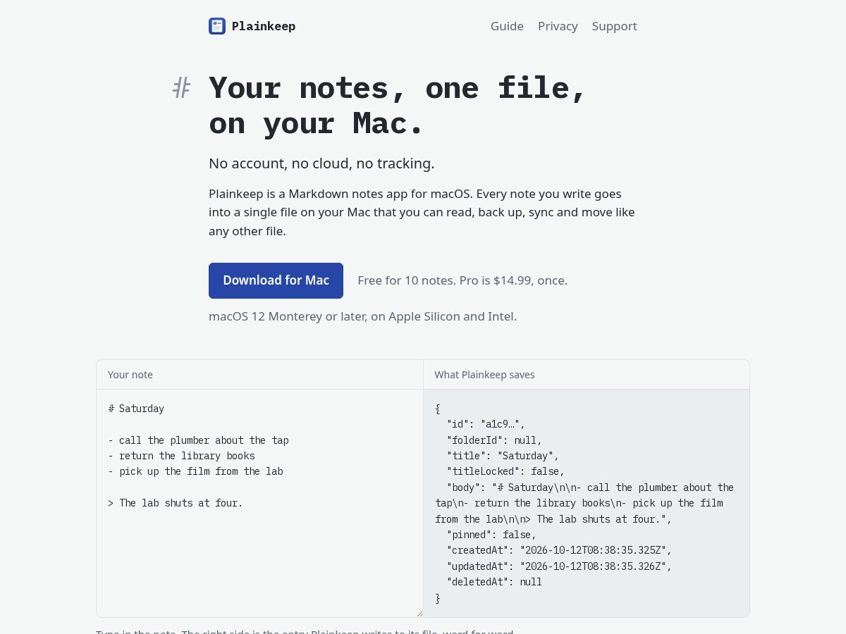 Landing-page snapshot of plainkeep.app