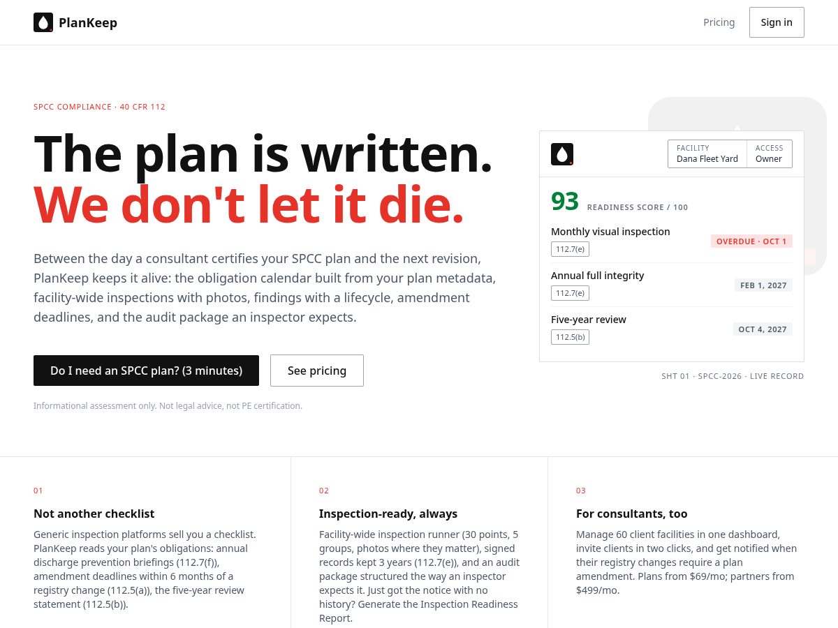 Landing-page snapshot of plankeep.app