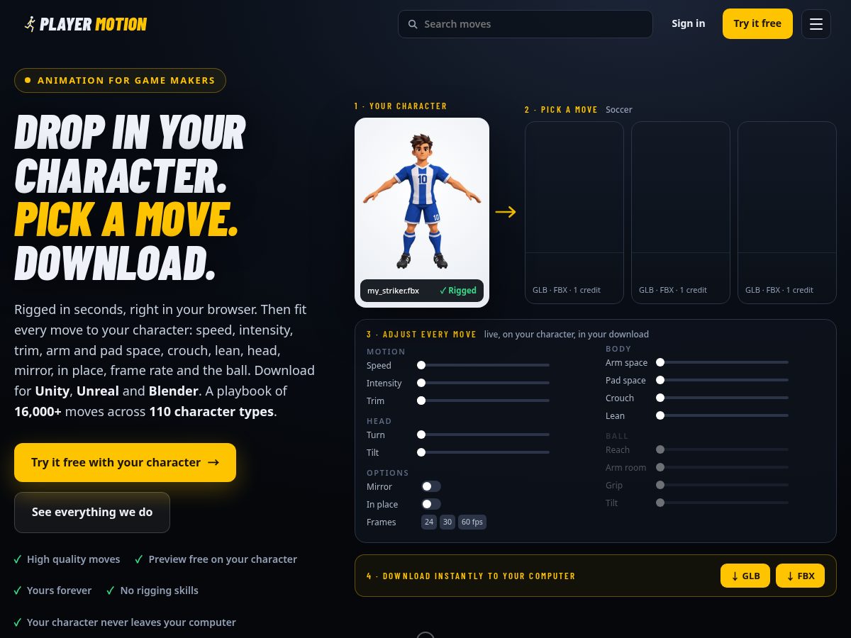 Landing-page snapshot of playermotion.games