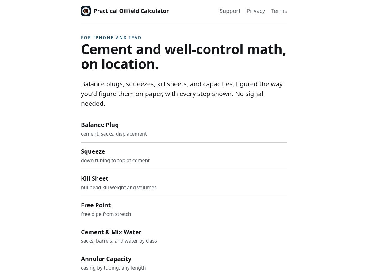 Landing-page snapshot of practicaloilfield.app