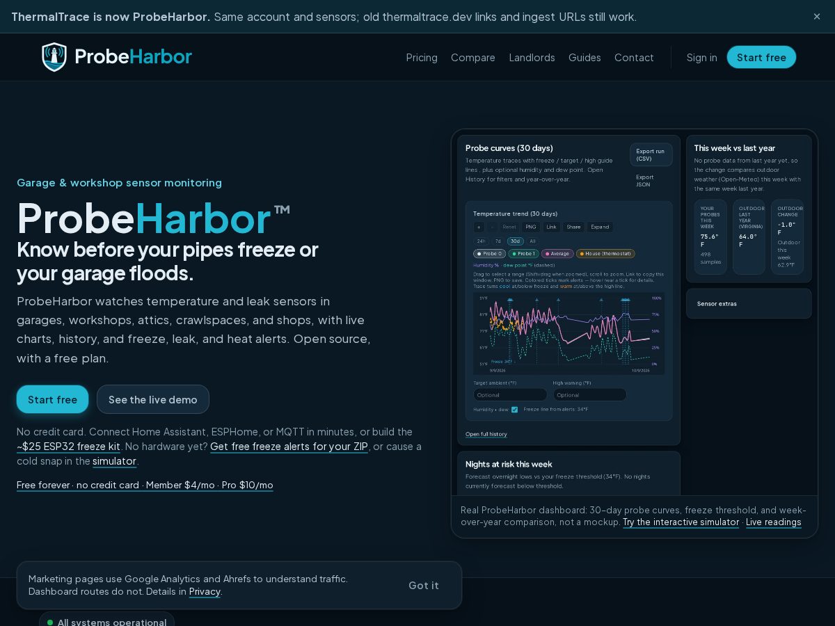 Landing-page snapshot of probeharbor.dev
