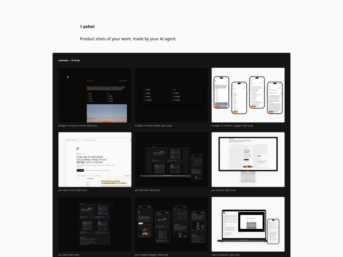 Landing-page snapshot of pshot.dev