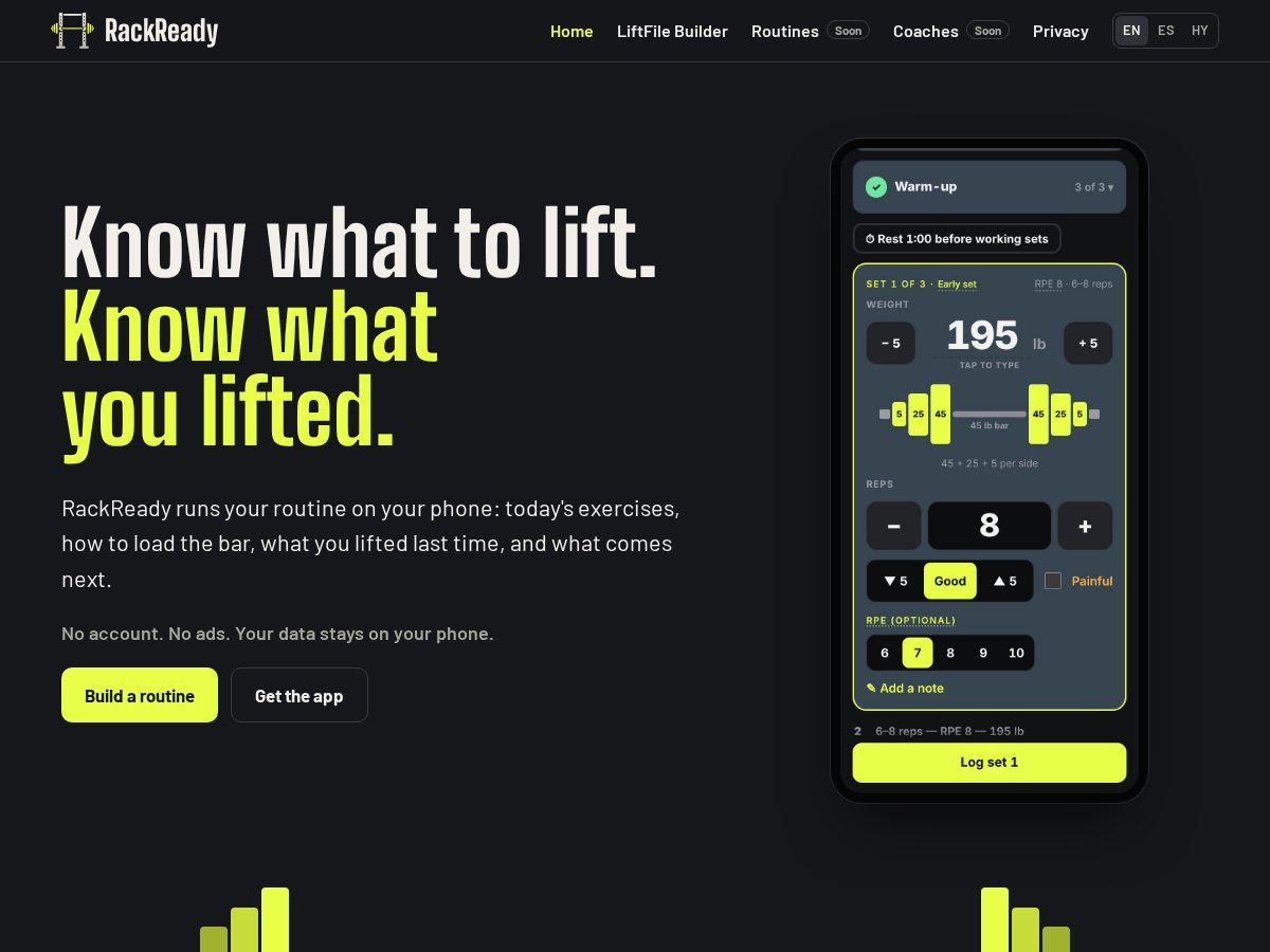 Landing-page snapshot of rackready.app