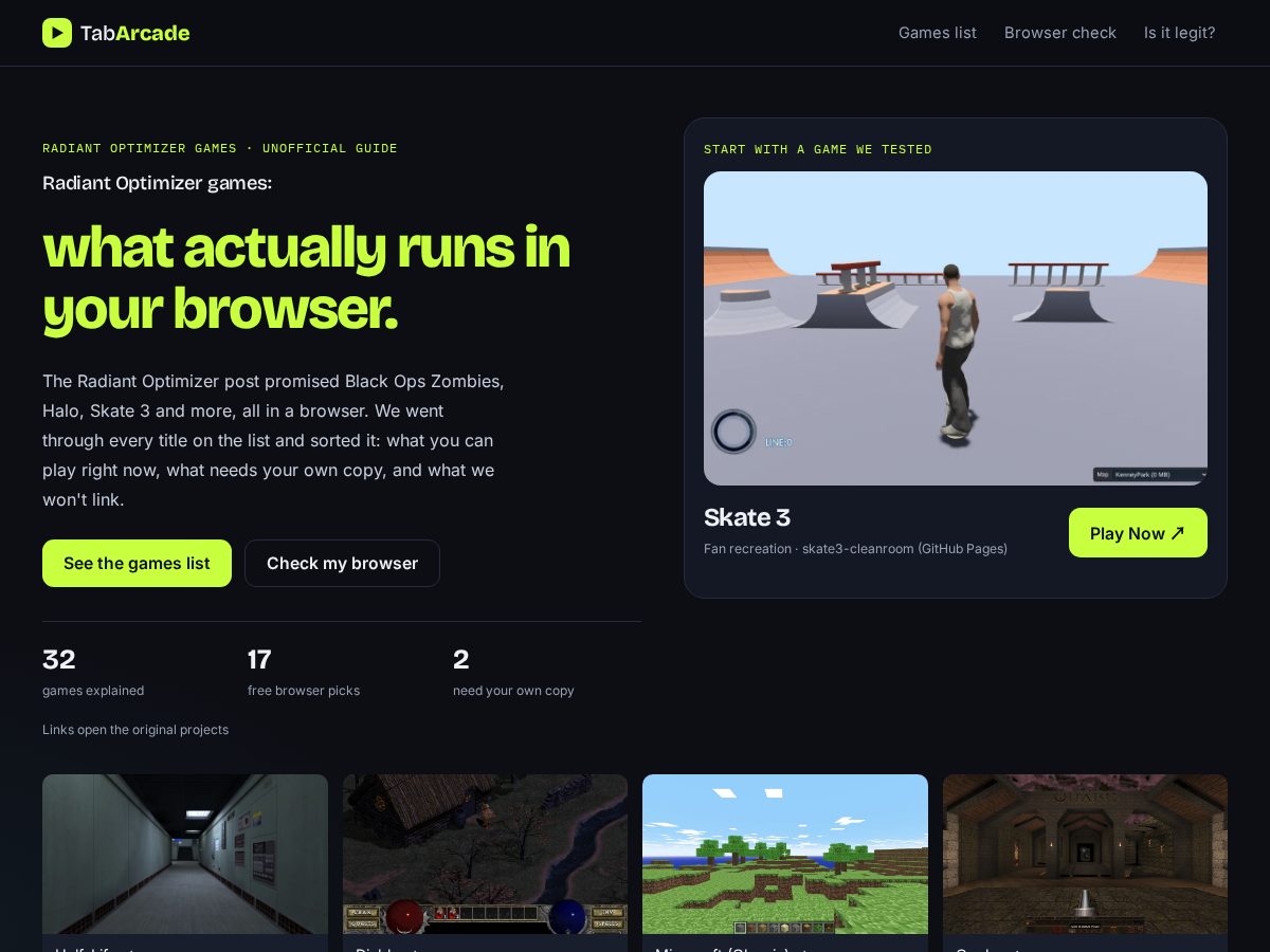 Landing-page snapshot of radiantoptimizer.live