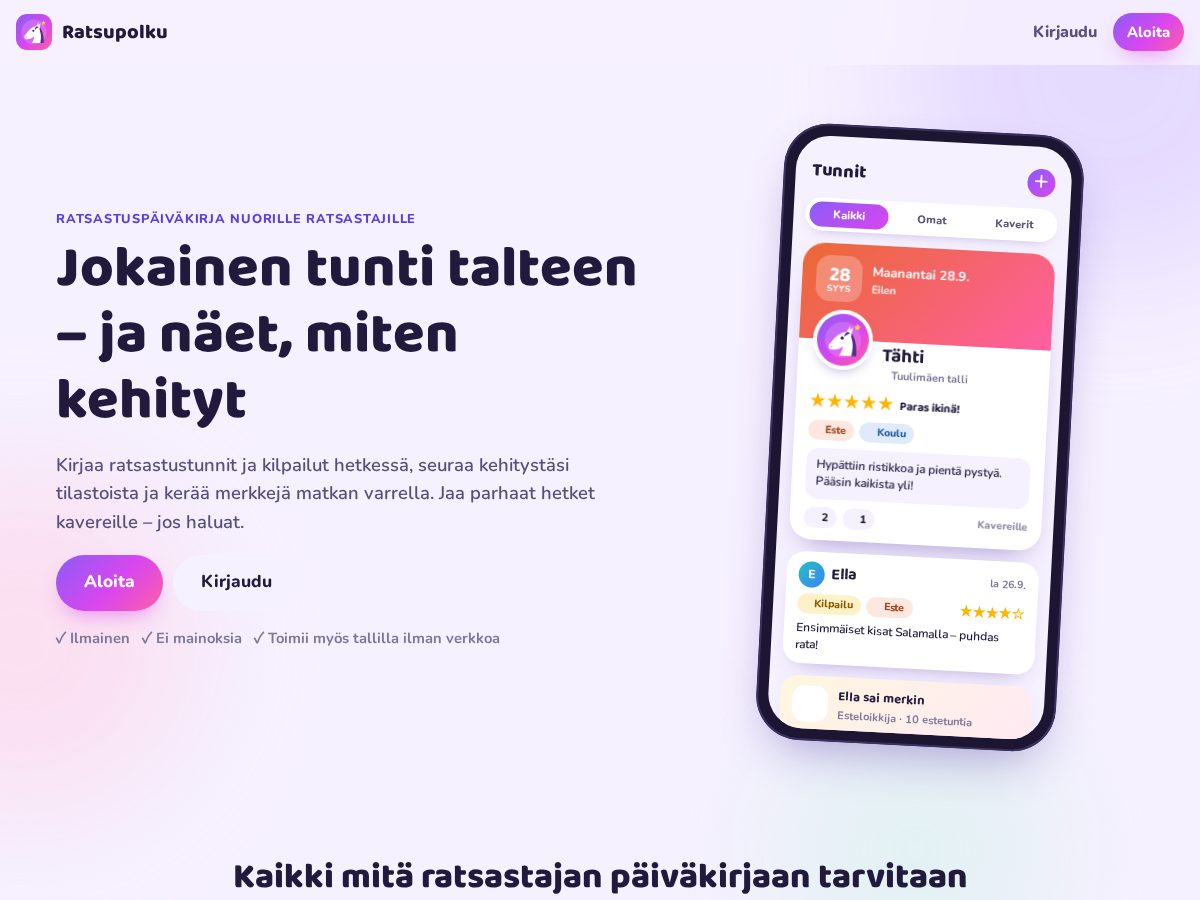 Landing-page snapshot of ratsupolku.app