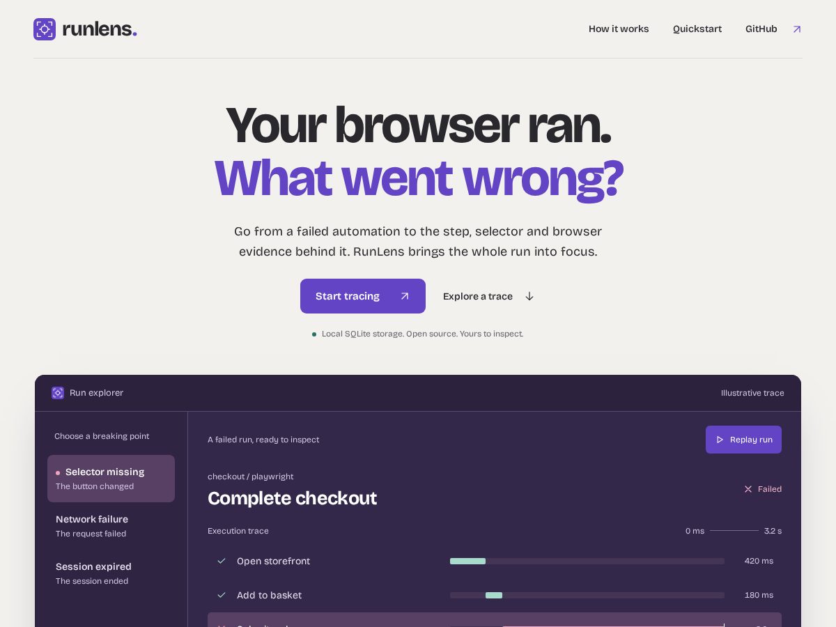 Landing-page snapshot of runlens.dev