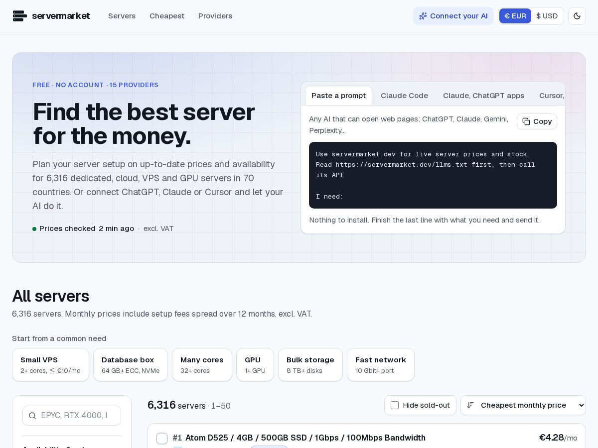 Landing-page snapshot of servermarket.dev