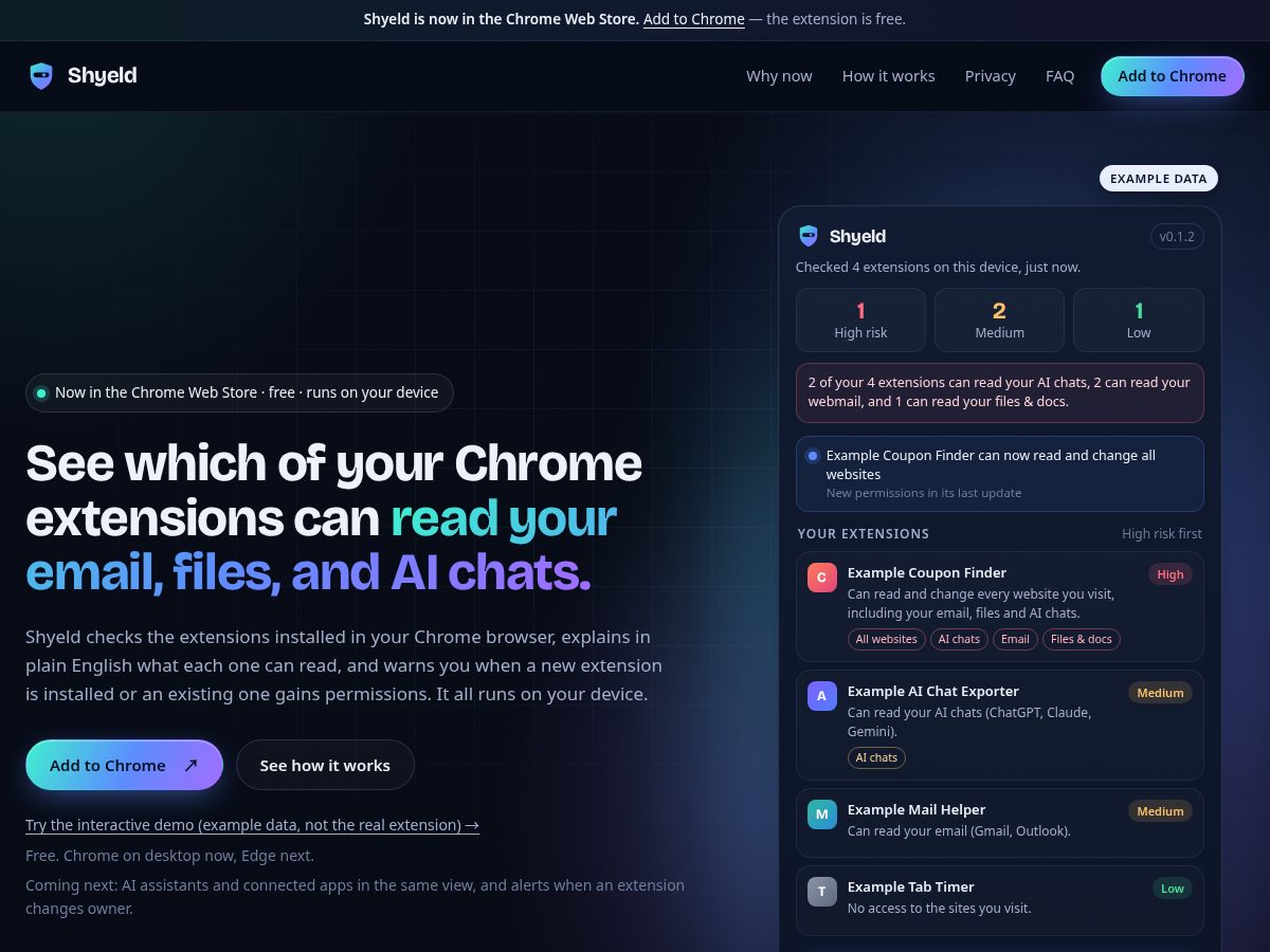 Landing-page snapshot of shyeld.app