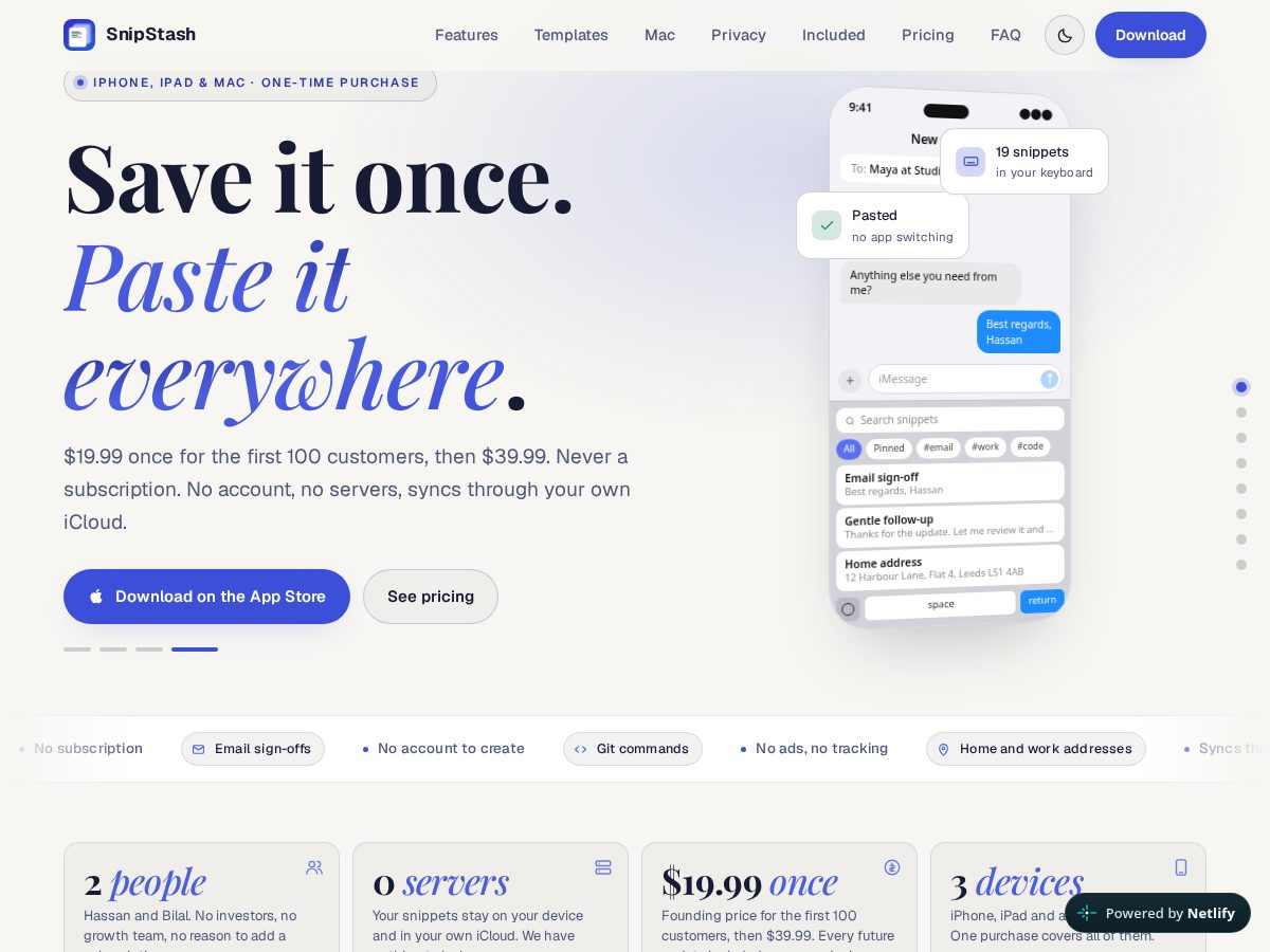 Landing-page snapshot of snipstash.app