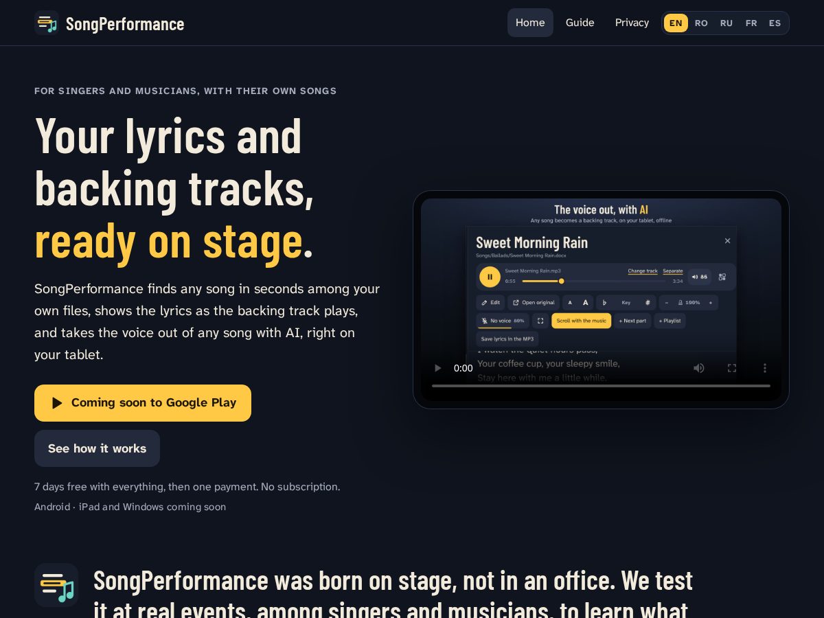 Landing-page snapshot of songperformance.app