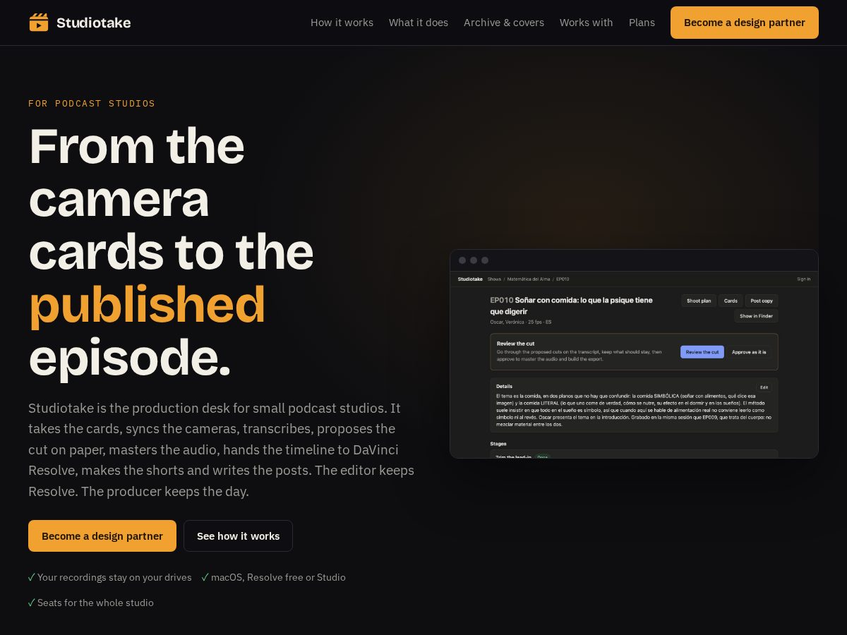 Landing-page snapshot of studiotake.app